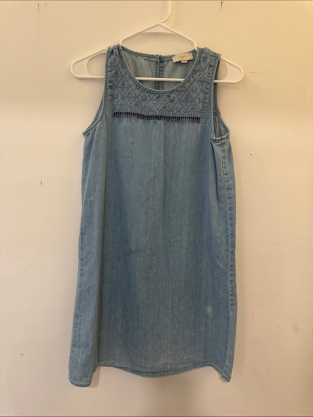 LOFT Light Wash Denim Sleeveless Shift Dress with Embroidered Yoke